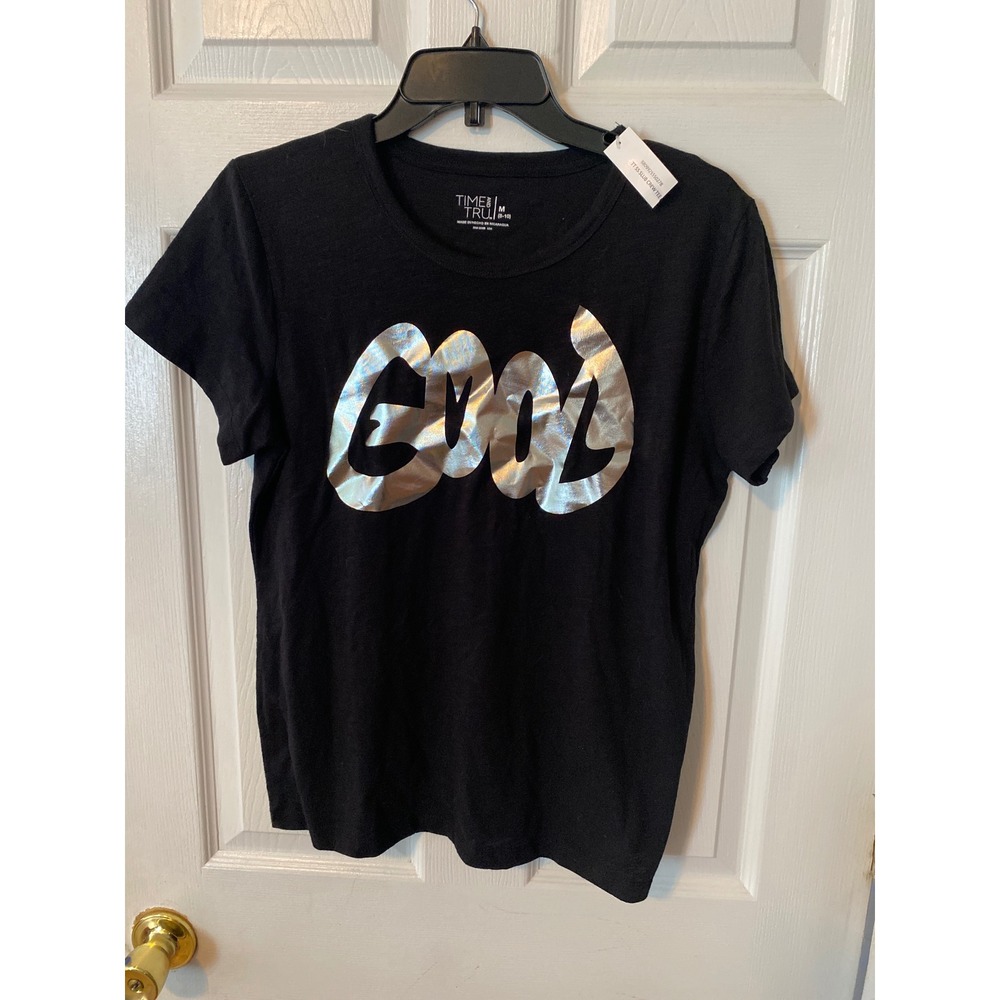 Time and Tru Womens Slub Crew Tee Black Silver MetallicCool Graphic Shirt M 8-10
